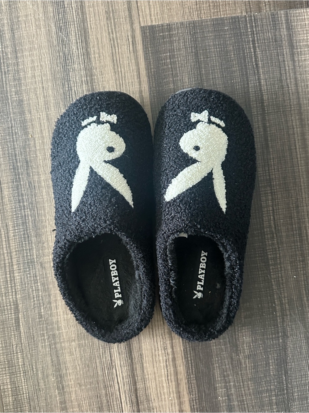 PLAYBOY Memory Foam Black Slippers with White Bunny